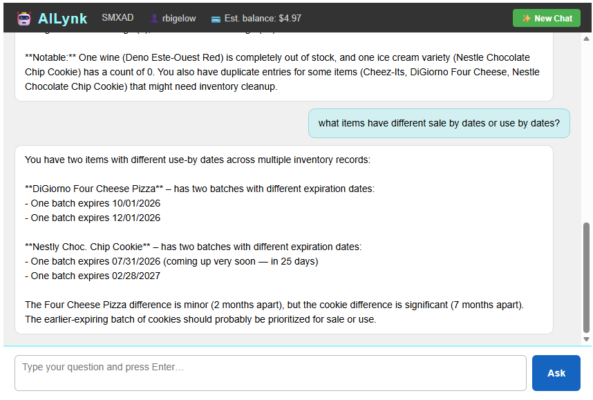AILynk answering a plain-English question about which pantry items have different sale-by or use-by dates, flagging a batch of cookies expiring soon
