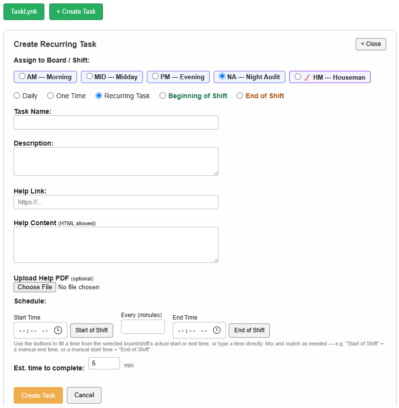 ShiftLynk Manage Tasks screen — creating a recurring task with board, type, and schedule fields