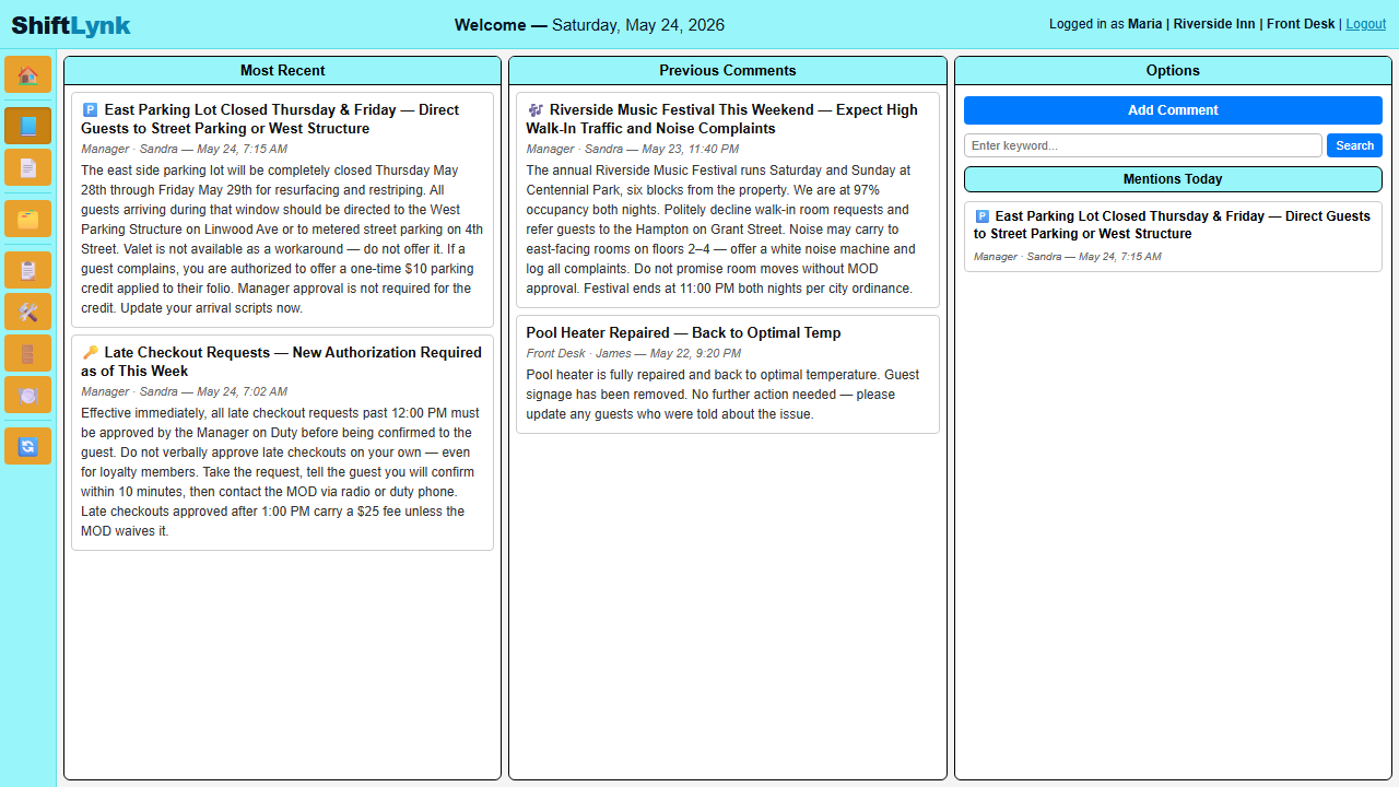 ShiftLynk InfoLynk — team communication board showing manager posts, date matching, and options panel