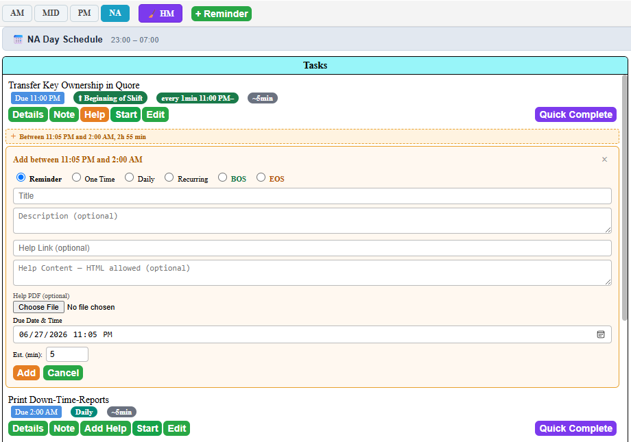 Inserting a task into an open time gap in the Tasks column