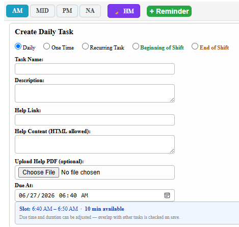 Creating a daily task directly from the Day Schedule screen