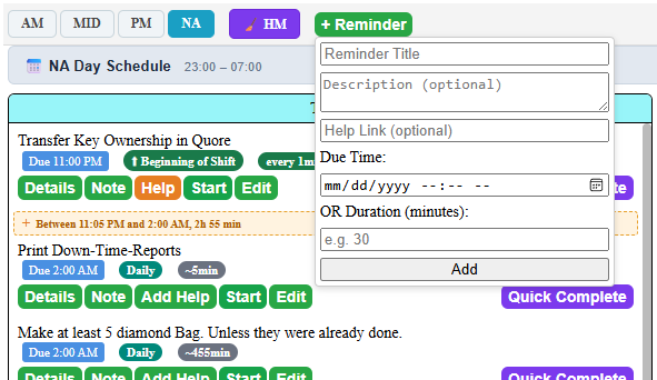 Quick Reminder form in the Tasks column — the only task creation available to regular users