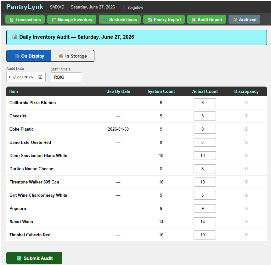 PantryLynk — Daily Inventory Audit toggled between On Display and In Storage counts