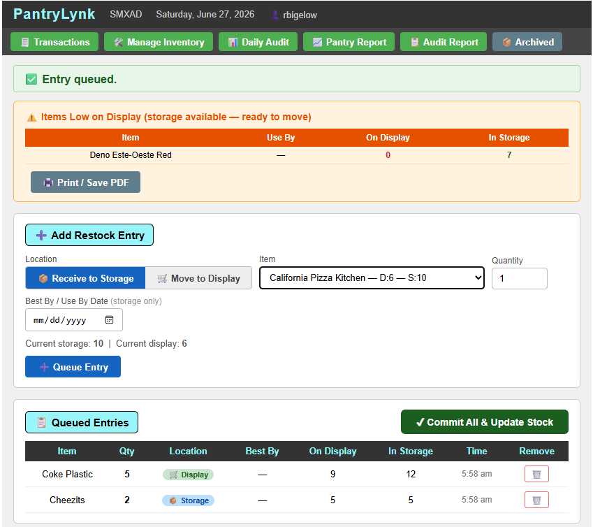 PantryLynk — receiving new stock into storage with quantity and best-by date