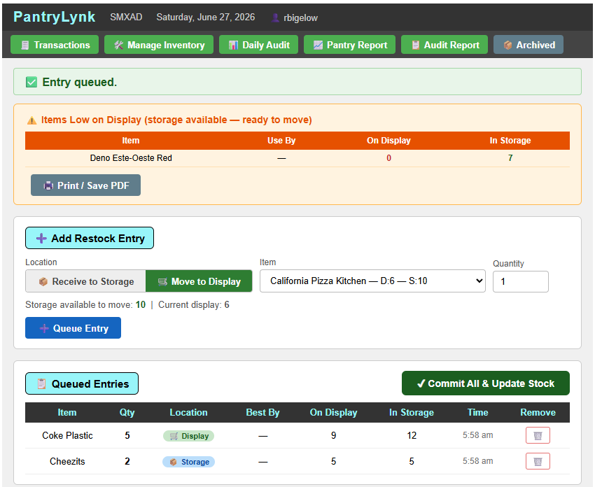 PantryLynk — moving stock from storage to display